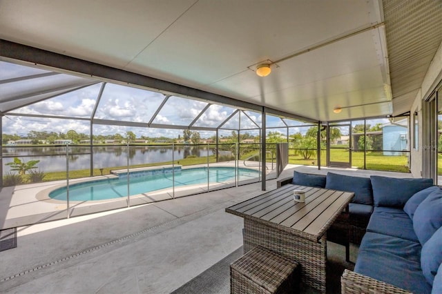 view of swimming pool featuring a lanai, a water view, a yard, and a patio