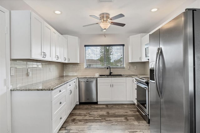 kitchen featuring appliances with stainless steel finishes, light stone counters, sink, dark wood-type flooring, and ceiling fan