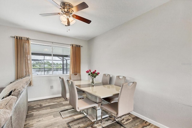 dining room featuring a water view, ceiling fan, and light hardwood / wood-style floors