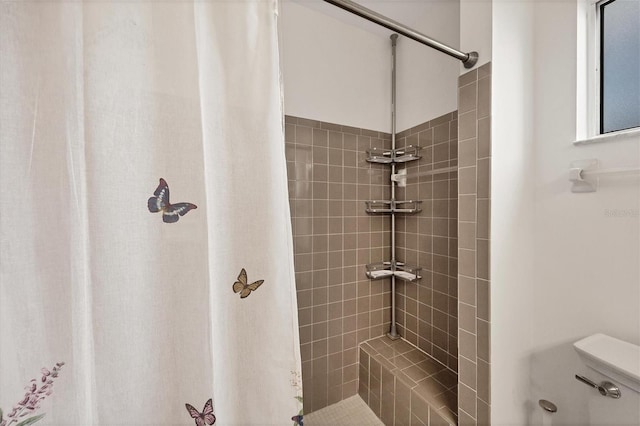 bathroom with toilet and a shower with curtain