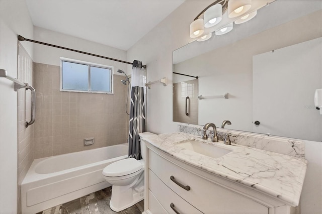 full bathroom featuring vanity, toilet, and shower / bathtub combination with curtain