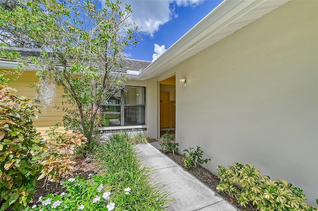 view of exterior entry featuring stucco siding