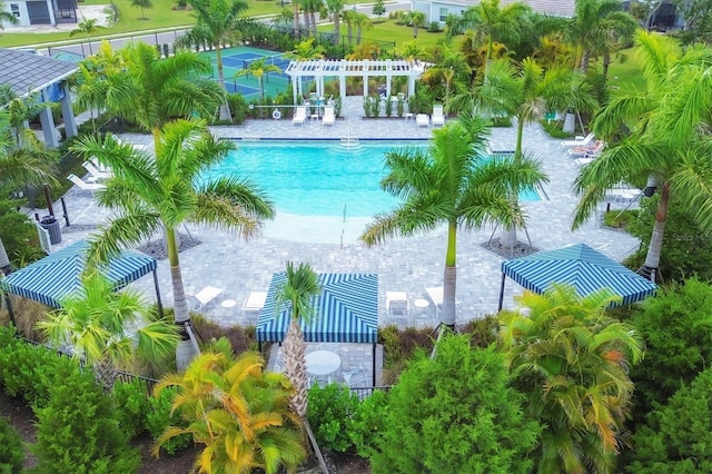 view of pool with a pergola and a patio