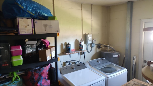 laundry room featuring washing machine and clothes dryer and water heater