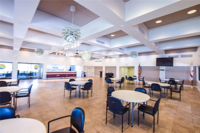 tiled dining room featuring coffered ceiling, ceiling fan, and beam ceiling