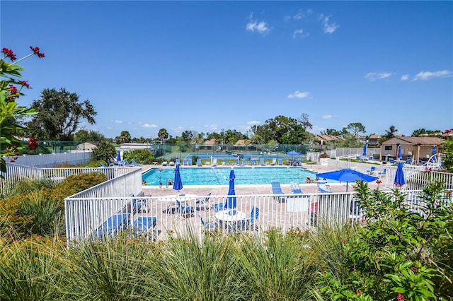 view of swimming pool featuring a patio area