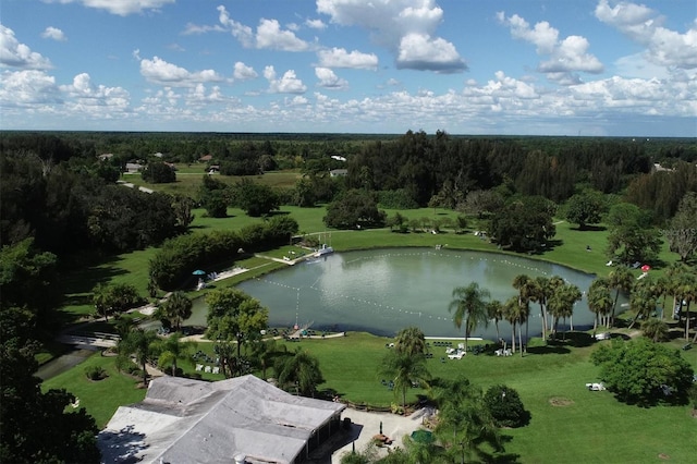 bird's eye view with a water view