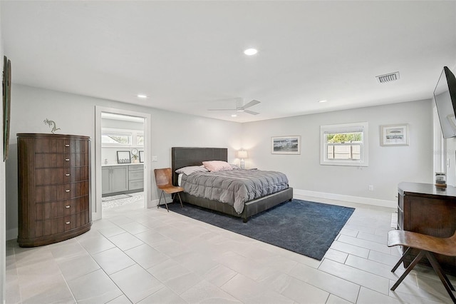 bedroom featuring ceiling fan and light tile patterned floors