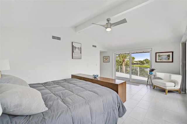 bedroom featuring ceiling fan, light tile patterned floors, vaulted ceiling with beams, and access to outside