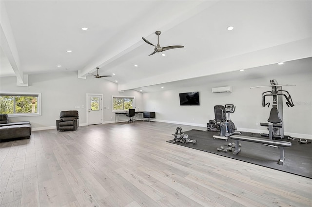 workout room with vaulted ceiling, plenty of natural light, light hardwood / wood-style flooring, and ceiling fan