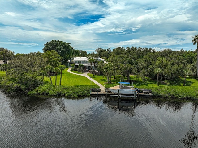 drone / aerial view with a water view