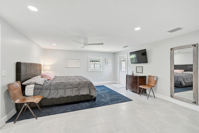 bedroom with light tile patterned flooring and ceiling fan