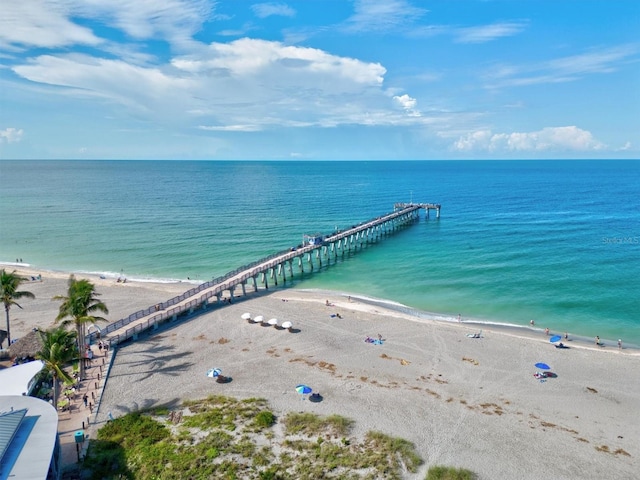 drone / aerial view featuring a water view and a beach view