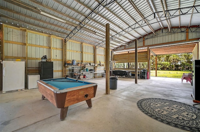 interior space with pool table and high vaulted ceiling