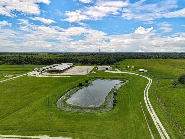 bird's eye view featuring a rural view and a water view