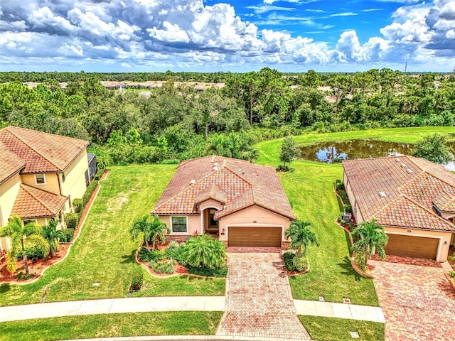 drone / aerial view featuring a water view