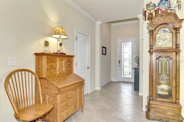 tiled foyer with crown molding