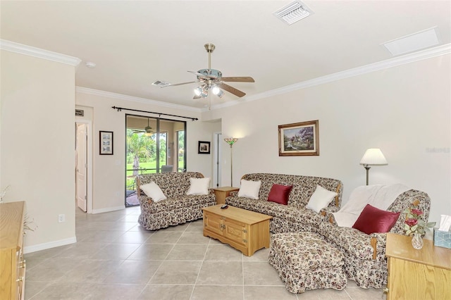 tiled living room featuring ceiling fan and ornamental molding