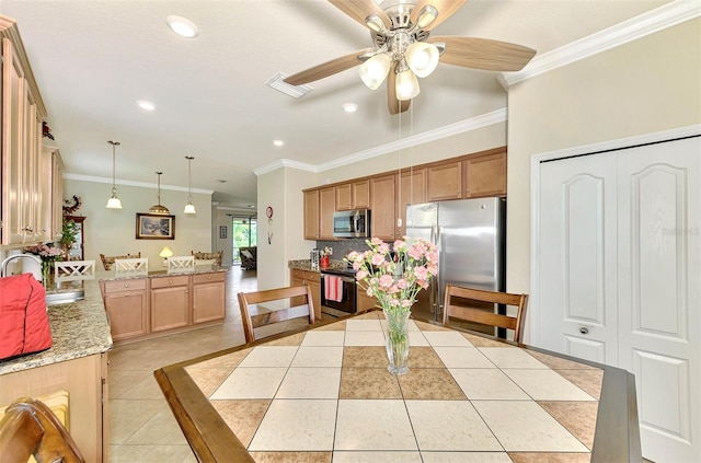 interior space with ceiling fan, light tile patterned floors, ornamental molding, and sink