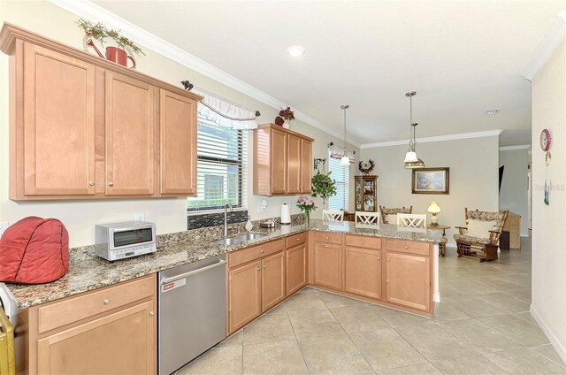 kitchen with dishwasher, hanging light fixtures, kitchen peninsula, ornamental molding, and sink