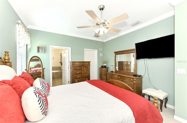 bedroom featuring ceiling fan, light colored carpet, ensuite bathroom, and crown molding