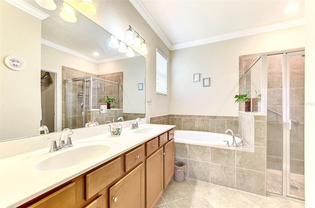 bathroom featuring crown molding, vanity, tile patterned flooring, and plus walk in shower