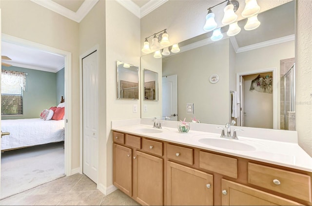 bathroom featuring tile patterned flooring, vanity, ornamental molding, and an enclosed shower