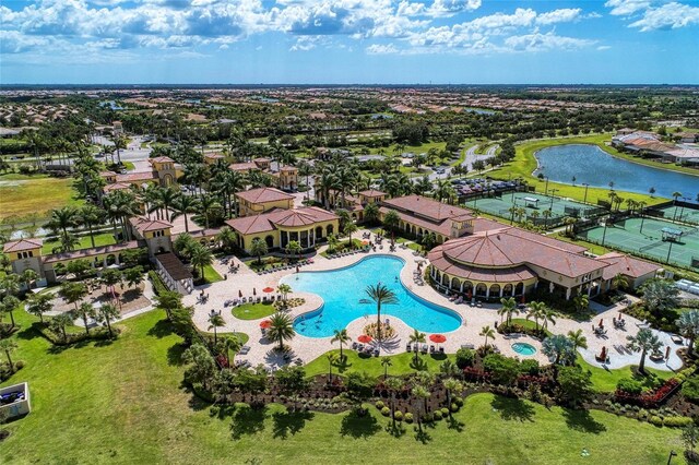 aerial view featuring a water view