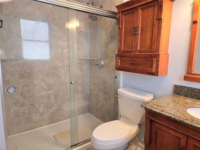 full bathroom featuring a shower stall, vanity, and toilet