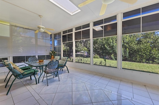 unfurnished sunroom featuring a skylight and ceiling fan