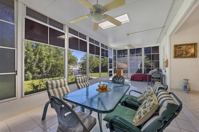 sunroom featuring ceiling fan and a skylight