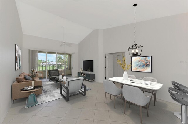 living room with high vaulted ceiling, light tile patterned floors, and an inviting chandelier