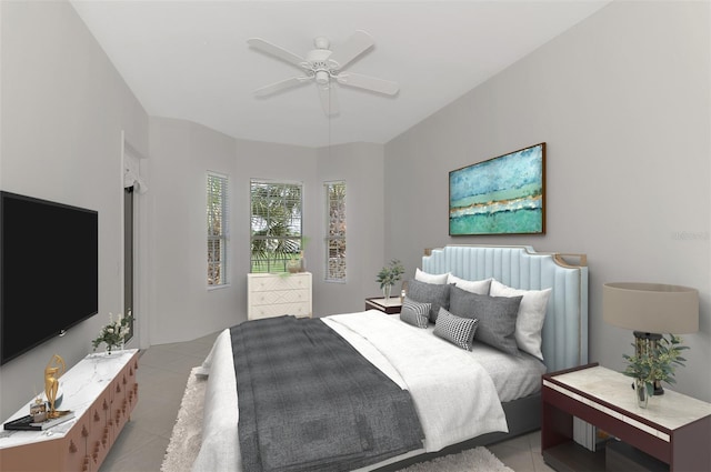 tiled bedroom with ceiling fan