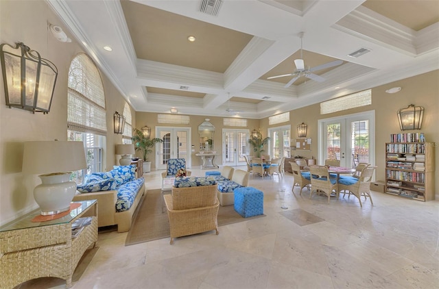 living room featuring ceiling fan, coffered ceiling, beamed ceiling, and french doors