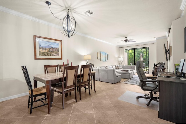 dining space featuring ceiling fan with notable chandelier, crown molding, and light tile patterned flooring