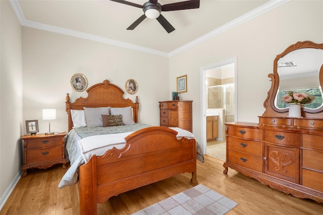 bedroom with crown molding, light hardwood / wood-style flooring, connected bathroom, and ceiling fan