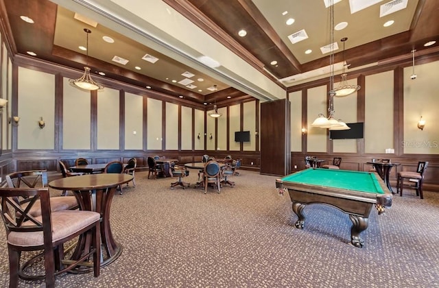 recreation room featuring a tray ceiling, billiards, carpet, and ornamental molding