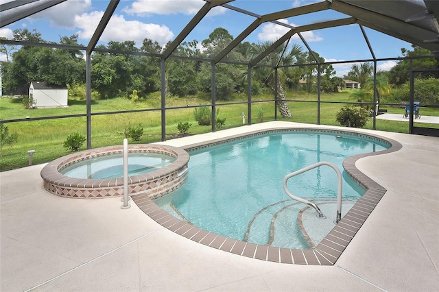 view of swimming pool featuring glass enclosure and a yard