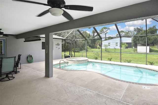 view of pool featuring a lanai, ceiling fan, a patio, and an in ground hot tub