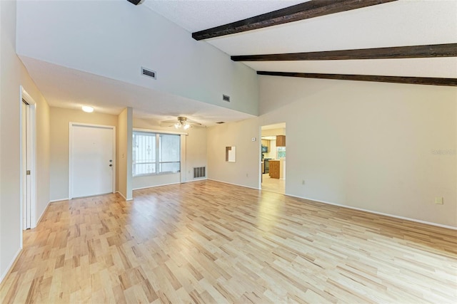 unfurnished living room with ceiling fan, beam ceiling, light wood-type flooring, and high vaulted ceiling