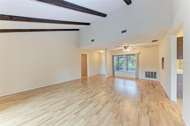 unfurnished living room with ceiling fan, light hardwood / wood-style flooring, beamed ceiling, and high vaulted ceiling