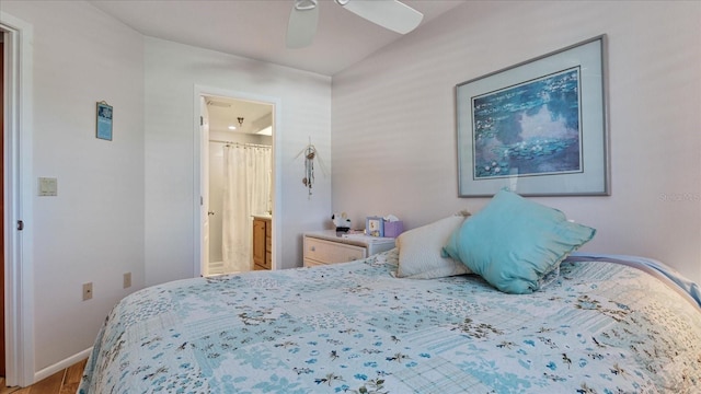 bedroom featuring wood-type flooring, ceiling fan, and ensuite bathroom