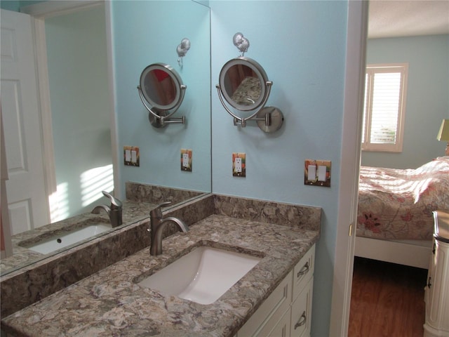 bathroom with hardwood / wood-style floors and vanity