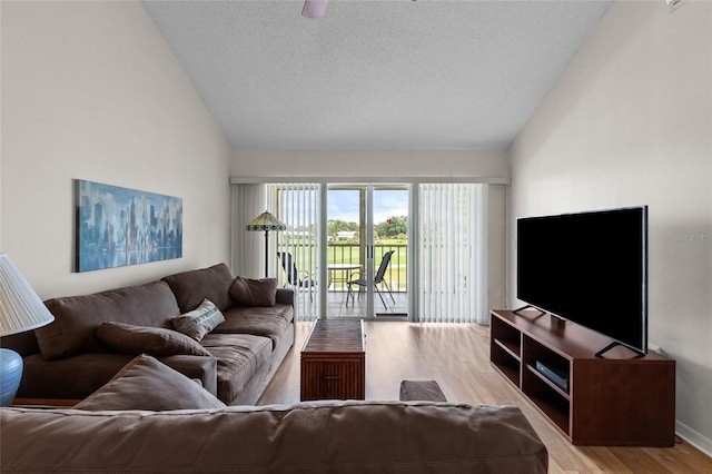 living room with lofted ceiling, light hardwood / wood-style floors, and a textured ceiling