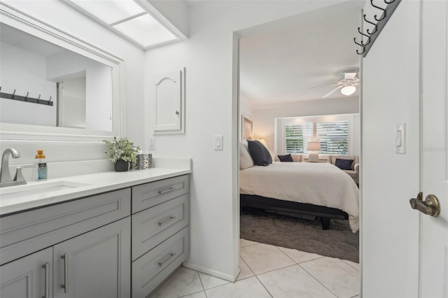 bathroom featuring ceiling fan, tile patterned flooring, and vanity