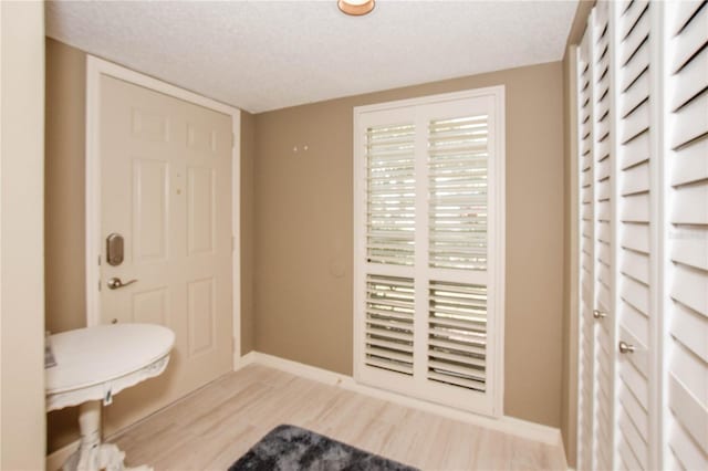 bathroom with wood finished floors, baseboards, and a textured ceiling