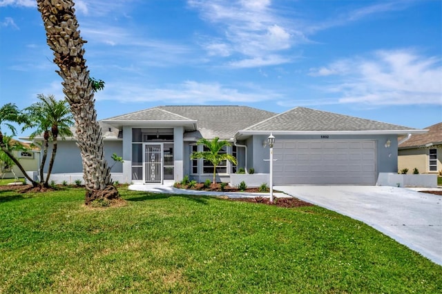 ranch-style house featuring a garage and a front yard