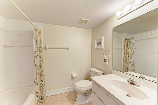 full bathroom with a textured ceiling, vanity, shower / tub combo, tile patterned flooring, and toilet