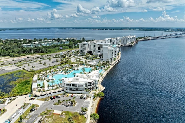 drone / aerial view with a water view