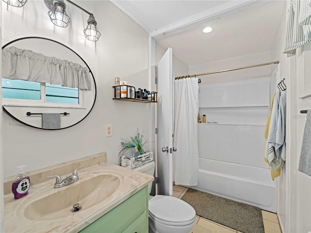 full bathroom with shower / bath combination with curtain, vanity, tile patterned flooring, and toilet